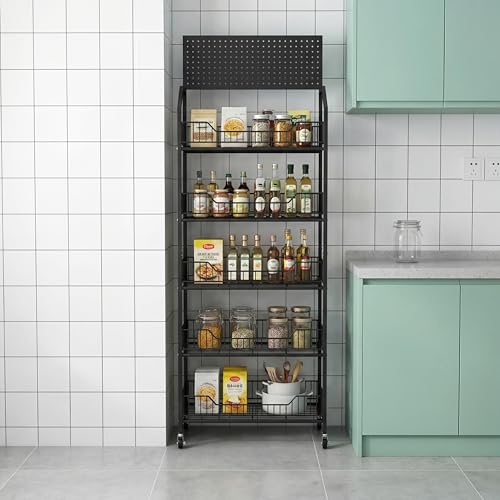 5 Tier Supermaket Snack Rack Display Stand, Retail Display Shelves with Hooks & Wheels, Metal Snack Shelf for Store Home Kitchen, Black Chip Rack Display Stand (5 Tier（60cm）) - size: 5 Tier（23.6inch）