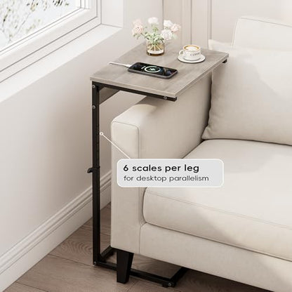 C Shaped End Table with Charging Station, Adjustable Height Side Table for Couch,Small Side Table Small Spaces,33.2'' Tall Couch Tables that Slide Under, Tv Tray Table for Living Room, Greige - color: Greige (1 Pack), style: With Plug