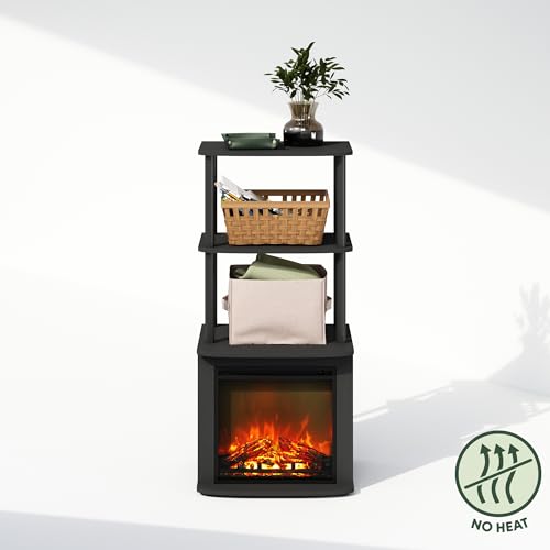 Furinno Turn-N-Tube Side Table, 3-Tier NO Heat Fireplace End Table with Open Shelf, Electric Fireplace Display Night Stand, Bedside Table, for Living Room, Bedroom, Americano/Black - color: Americano, size: 3-Tier Tall Side Table, style: No Heat Fireplace