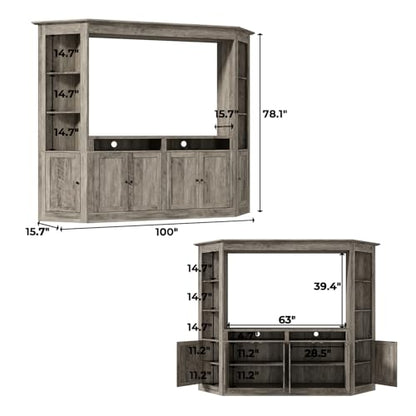 ECACAD 4-Piece Large Wall Unit TV Stand with Bookshelves for TVs up to 70", Farmhouse Entertainment Center with 16 Storage Shelves, Rustic Media Console Table for Living Room, Bedroom, Gray