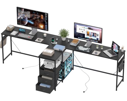 YOSHOOT 2 Person Computer Desk, 87" Long Gaming Desk for 2 People | Double Desk with 3 Fabric Drawers and 2 Power Outlets, Home Office Table for Adults and Teenagers, Black - color: Black, size: 35.4"D x 86.6"W x 30.7"H