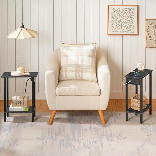 HOOBRO Small End Table with Charging Station, Narrow Side Table with USB Port and Outlets, Skinny Sofa Table, Slim Nightstand, Living Room, Bedroom, Black BK240UBZ01 - color: Black, size: 7.9"L x 15.7"W x 22.6"H