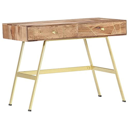 39.4" Solid Sheesham Wood Computer Desk with 2 Drawers Industrial Writing Table for Home Office Small Spaces Natural Brass Steel Work Desk - color: Solid Sheesham Wood