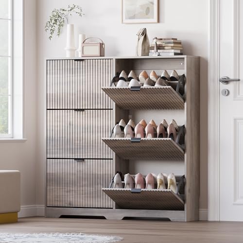 BORNOON Large Shoe Cabinet for Entryway, Tall Narrow Shoe Storage Cabinet with 6 Flip Drawers and Adjustable Shelves, Shoe Rack Cabinet Organizer for Hallway, Foyer, Small Apartment - color: Wood, size: 6- Drawer
