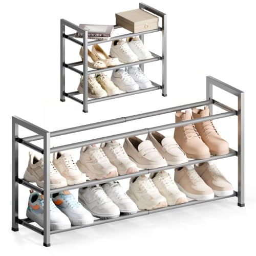 Bumusty 3 Tier Expandable Shoe Rack for Closet, Light Grey | 18"-33" Adjustable Shoe Rack for Entryway, Small Shoe Organizer for Dorm, Front Door, Sturdy Metal - color: Light Grey, size: 3-tier