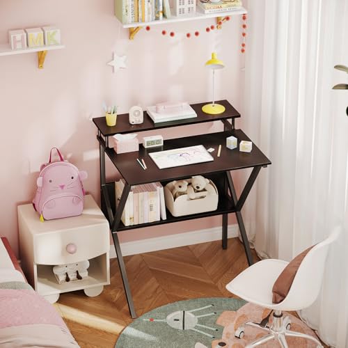 ODK Small Desk, 27.5 Inch Computer Desk for Small Spaces, Study Desk with Storage & Monitor Stand, Black - color: Black