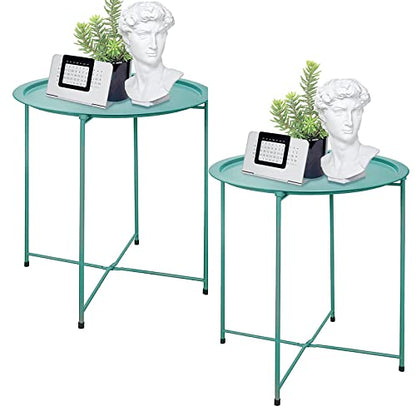 Garden 4 you End Table Set of 2, Outdoor Side Table, Small Patio Table Metal Side Table, Round Folding Side Table, for Outdoor and Living Room,Green - color: Green