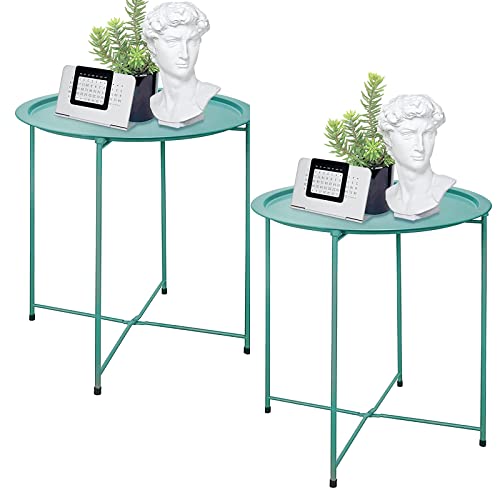 Garden 4 you End Table Set of 2, Outdoor Side Table, Small Patio Table Metal Side Table, Round Folding Side Table, for Outdoor and Living Room,Green - color: Green
