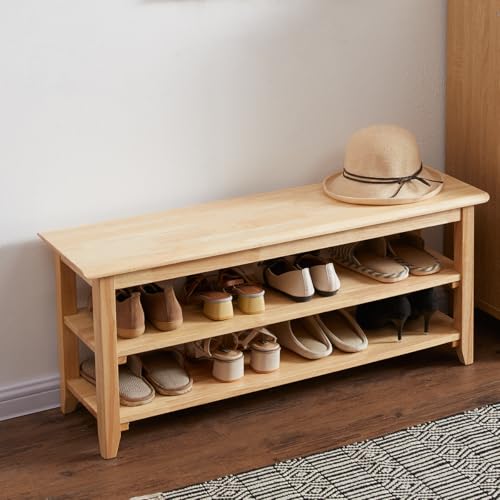 XKZG Shoe Rack Bench Wooden Storage Bench Entryway Bench, Natural, 39.4" | Rubber wood, Shoe Bench for Entryway, Living Room, Bedroom, Balcony, 39.4"W x 11.8"D x 16.5"H - color: Natural, size: 39.4"