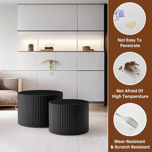 Round Nesting Coffee Table Set of 2 Modern Black Fluted Coffee Table Small Round End Table Side Table Circular Coffee Tables Circle Nested Coffee Tables for Living Room (Black Small) - color: Black Small