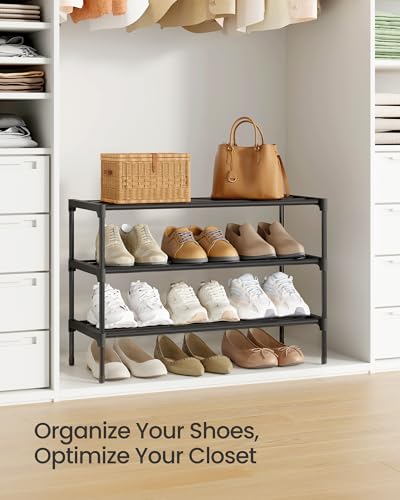 SONGMICS 3-Tier Shoe Rack for Closet, Compact Metal Shoe Organizer Shelf for Entryway, Bedroom, Small Spaces, Stackable, 11.8 x 24.5 x 19.1 Inches, Black ULSA123BH01 - size: 3 Tiers (24.5"W)