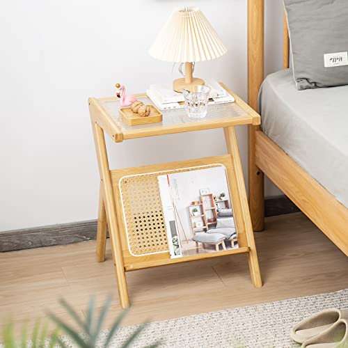 Tiita Rattan Side Table, Mid Century Nightstand, Bamboo Accent Bedside Tables, Glass Coffee Tables, Boho Wooden End Table with Storage for Small Space, Living Room and Bedroom - color: Rattan-l-wood