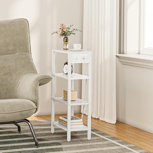 TUTOTAK Narrow Side Table Set of 2, Small End Table with Charging Station | 4-Tier Skinny Sofa Table, Slim Nightstand, Easy Assembly for Living Room, Bedroom, White TB01BW0802 - color: White, size: 4-tier