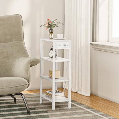 TUTOTAK Narrow Side Table Set of 2, Small End Table with Charging Station | 4-Tier Skinny Sofa Table, Slim Nightstand, Easy Assembly for Living Room, Bedroom, White TB01BW0802 - color: White, size: 4-tier