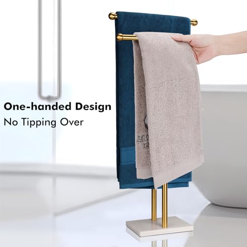 WAYDELI Standing Towel Rack Double-T Shape Tall Bath Towel Sheet Holder with Marble Design Base for Bathroom 2 Tier Towel Holder Stand Stainless Steel (Brushed Gold) - color: Brushed Gold