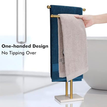 WAYDELI Standing Towel Rack Double-T Shape Tall Bath Towel Sheet Holder with Marble Design Base for Bathroom 2 Tier Towel Holder Stand Stainless Steel (Brushed Gold) - color: Brushed Gold
