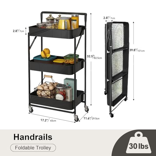 3-Tier Metal Foldable Rolling Cart with Wheels, Heavy Duty No Assembly Required, Space Saving Multi-Purpose Utility Trolley for Kitchen Bathroom Office Dorm Living Room Balcony (Black, Handheld) - color: Black