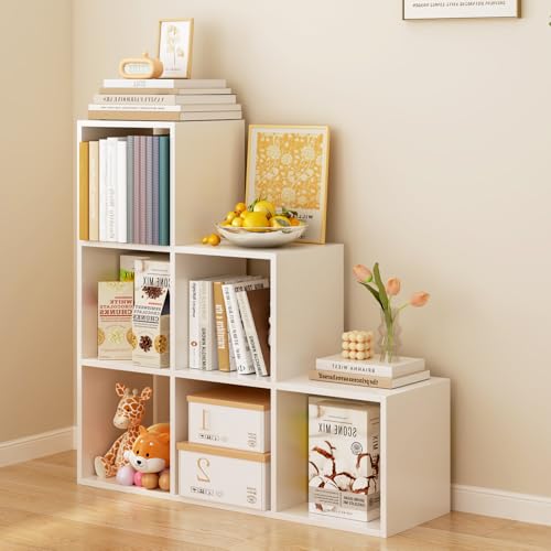 Ladder Cube Storage Bookcase, 6-Cube Corner Shelf, White | Wooden L-Shaped, Reversible 3-Tier Organizer, Fits 11×11" Bins, For Home & Office - color: White, size: 6-Cube