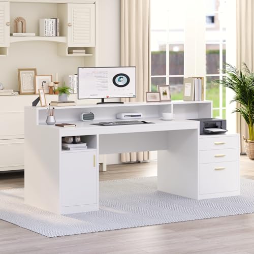 YOMILUVE Computer Desk with 3 Drawer & Storage Shelves, Home Office Desk with File Drawer & Cabinet, Writing Study Table with Long Monitor Stand & Printer Shelf, Executive Desk, White - color: White