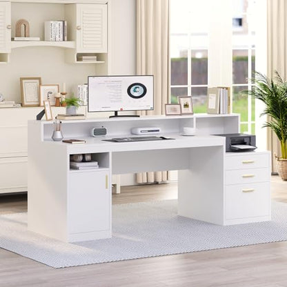 YOMILUVE Computer Desk with 3 Drawer & Storage Shelves, Home Office Desk with File Drawer & Cabinet, Writing Study Table with Long Monitor Stand & Printer Shelf, Executive Desk, White - color: White