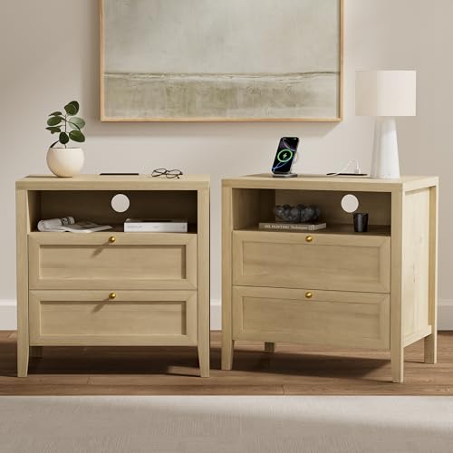 Farmhouse End Table with 2 Drawers Set of 2, Wooden Nightstand with Open Storage Cable Hole Freestanding Wide Bedside Table for Bedroom Living Room Sofa, Light Oak - color: 2 Drawers/Light Oak, size: 2PCS