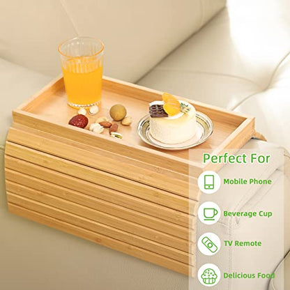 GEHE Bamboo Sofa Arm Tray, Foldable Couch Arm Tray Side Table, Anti-Falling Armrest Tables Cup Holder for Snacks, Drinks, Beers, Phone, Control, Flexible and Portable, Anti-Slip - color: Bamboo