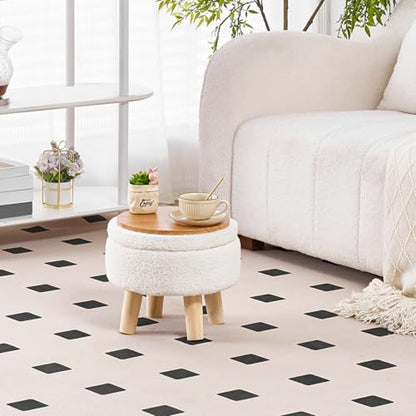 Wimarsbon Storage Ottoman, Modern Round Footrest with Soft Padded Seat, Teddy Velvet Footstool with Wood Legs, Accent Small Table or Plant Stand for Hallway, Living Room (Cream) - color: Cream