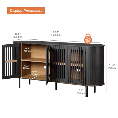 WAMPAT 64.4" Fluted TV Stand, Wood Entertainment Center for TVs Up to 70 inches, Curved Edge Media Console Table with Doors and Shelves for Living Room, Bedroom, Black - color: Black