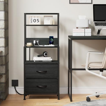 Furnulem Night Stand, Tall Nightstand with 4-Tier Shelves, 2 Fabric Drawers and Led Lights, Bed Side Tables with Charging Station, Bedside Table for Bedroom, Office, Black Oak | 4-Tier Shelves - color: Black Oak, size: 2 Drawer