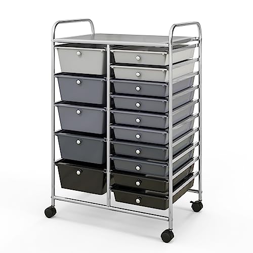 15-Drawer Rolling Cart, Mobile Storage Cart with Universal Wheel & Metal Frame, Multipurpose Trolley Utility Cart, Craft Art Cart Organizer for Home Office School - color: Gradient Gray, size: 15 Drawers (5 Big +10 Small)