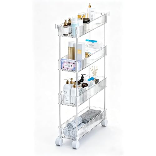 4-Tier Plastic Rolling Utility Cart with Wheels, Multifunctional Storage Organizer Cart for Home, Office, Kitchen & Bathroom, Ultra Narrow & Clear, 4.7”W * 12.8”L * 33”H - color: 4-layers, size: Ultra Narrow - 4.7"Wide