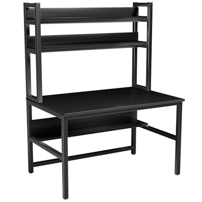 Aquzee Computer Desk with Hutch and Bookshelves, Large Leg Room 55 inch Width Black Desk with Space Saving Storage Shelves, Easy Assemble and All Hardware and Tools Included - color: Black, size: 55inch
