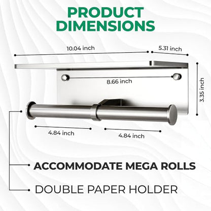 Toilet Paper Holder - Aluminium Double Roll Toilet Tissue Holder with Mobile Phone Shelf for Bathroom, 3M Self Adhesive No Drilling or Wall-Mounted, Rustproof Modern Style Brushed Nickel - color: Brushed Nickel-2 Roll