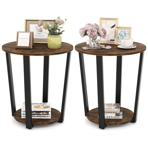 Giantex Round End Table Set of 2, 2-Tier Side Sofa Table with Open Storage Shelf and Metal Frame, Industrial Nightstand Bedside Table for Living Room, Bedroom, Accent Furniture, Rustic Brown - color: Rustic Brown