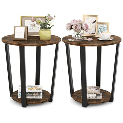 Giantex Round End Table Set of 2, 2-Tier Side Sofa Table with Open Storage Shelf and Metal Frame, Industrial Nightstand Bedside Table for Living Room, Bedroom, Accent Furniture, Rustic Brown - color: Rustic Brown