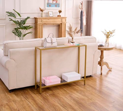 MAJARO Small Modern Console Table for Entryway, Tempered Glass with Metal Frame Sofa Table for Living Room, Hallway, Office (Double-Layer, Gold) - color: Gold, style: Double-layer