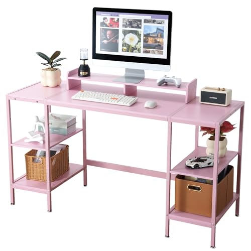 MINOSYS Computer Desk 55-inch with Storage Shelf - Pink Ideal Gaming Desk for Bedrooms, Small Spaces, and Home Offices Modern Writing Desk for PCs. - color: Rustic, size: 43 inch