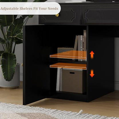 Catrimown Black Desk with 7 Drawers, 54 Inch Computer Desk with Cabinet for Work Writing Study, Vanity Desk with Golden Handle for Girls, Bedroom - color: Black