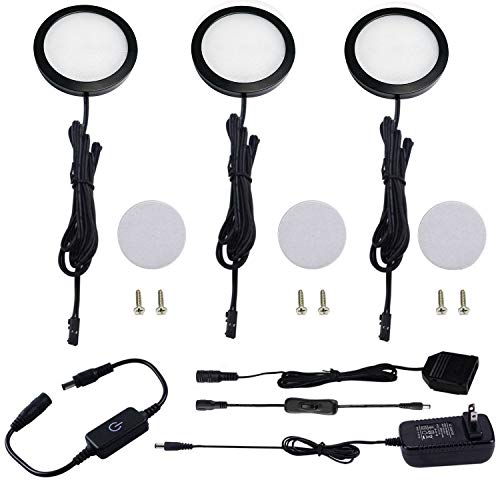 AIBOO Under Cabinet LED Black Cover Puck Lighting Kit with Touch Dimmer Switch for Kitchen Cupboard Closet Lighting (3 Lights,Daylight White) - color: Daylight White, size: 3 lights