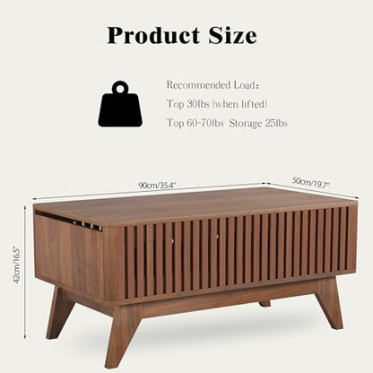 Lift Top Coffee Table with Hidden Compartment, Mid Century Modern Coffee Table for Living Room, Fluted Design Farmhouse Center Table with Storage (Walnut, 35.4" W) - color: Walnut