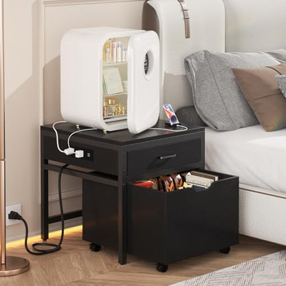 Unikito Mini Fridge Stand with Drawer Storage & Power Outlet, Black | Heavy duty mobile beverage refrigerator shelf with lockable wheels, 22.8" x 21.6" table, max load 300 lbs for office. - color: Black