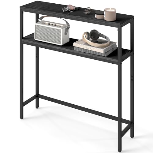 VASAGLE Console Table, 2-Tier Narrow Sofa Table with 2 Shelves, 7.9 x 31.5 x 31.5 Inches, for Living Room, Hallway, Entryway, Charcoal Gray and Ink Black ULNT130B22V1 - color: Charcoal Gray + Ink Black, size: 31.5"W - Without Power Outlet