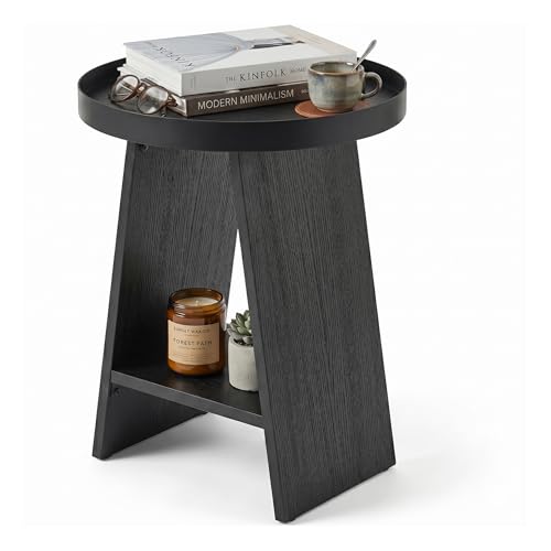 Round End Table with 17.7 inch Tray Top, 2-Tier Side Table with Storage Shelf, Modern Farmhouse Industrial Wood Nightstand for Living Room, Bedroom, Small Spaces (Black) - color: Black