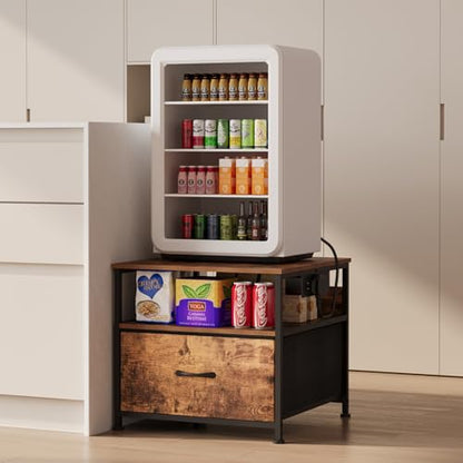 Unionly Mini Fridge Stand with drawer Storage,shelf & Power Outlet | 180lb Mini Fridge Table with Charging Station,Heavy duty small refrigerator shelf,white end table for Living Room,Kitchen - color: Brown