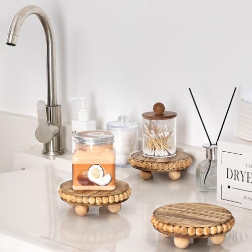 HouseJoy Round Wood Risers for Display：2P Beaded Riser Distressed Decor | Stable Wood Coaster-Rustic Farmhouse Pedestal Display Riser for Cake/Plant Stand/ Tiered-Ball Decoration-Raised High Holder