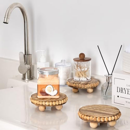 HouseJoy Round Wood Risers for Display：2P Beaded Riser Distressed Decor | Stable Wood Coaster-Rustic Farmhouse Pedestal Display Riser for Cake/Plant Stand/ Tiered-Ball Decoration-Raised High Holder