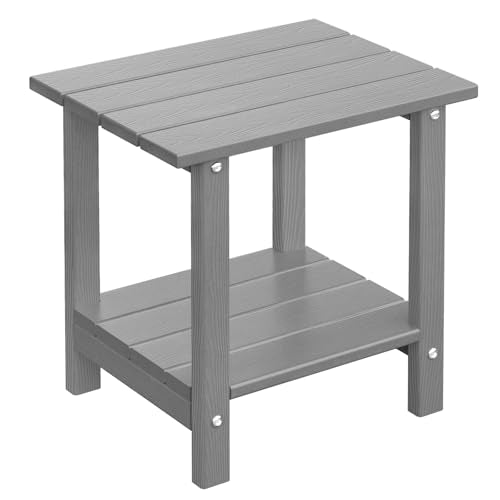 2 Tier Outdoor Side Table with Wood-Like Grain, 16.6" HDPE Adirondack Table Patio Side Table, Weather Resistant End Table for Pool, Patio & Porch, Small Outdoor Table (Grey, Rectangle) - color: Grey-wood Like, style: Rectangle