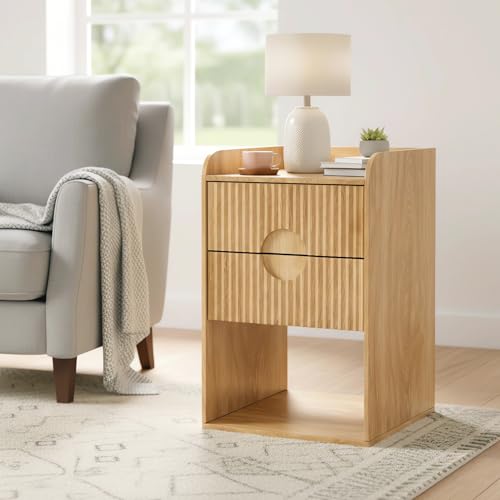 Fluted Nightstand Set of 2, Small Bedside Table, Wood Side Table with Storage, Boho Mid Century Modern Night Stand, 2 Drawer End Table for Bedroom, Natural, Vintage