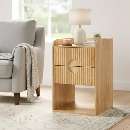 Fluted Nightstand Set of 2, Small Bedside Table, Wood Side Table with Storage, Boho Mid Century Modern Night Stand, 2 Drawer End Table for Bedroom, Natural, Vintage
