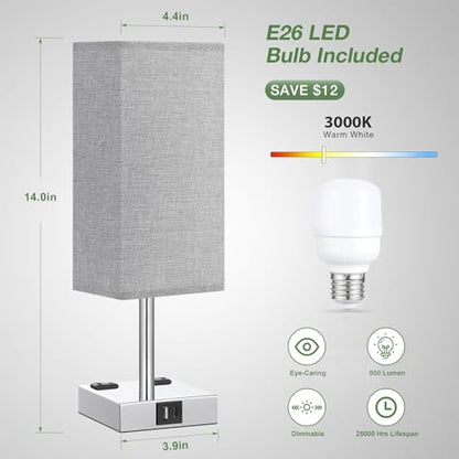 Light Grey Touch Lamps Set for Bedroom - Dimmable, USB C+A, 2 AC Outlets | 3-Way Dimming, 3000K LED Bulbs Included, Light Grey Lampshade Silver Base, Small Bedside Lamp for Nightstand, Desk, Dorm - color: Gray-Silver